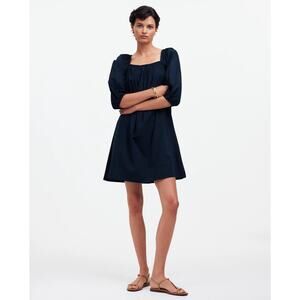 NWT Madewell Square-Neck Puff-Sleeve Mini Dress In Navy Size 14